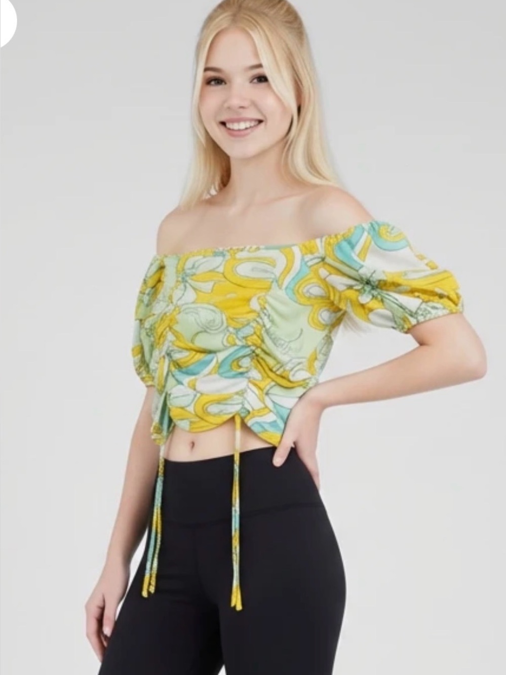 NWOT Liberty Love Yellow & Aqua Swirl Off-Shoulder Ruched Crop Top Size M